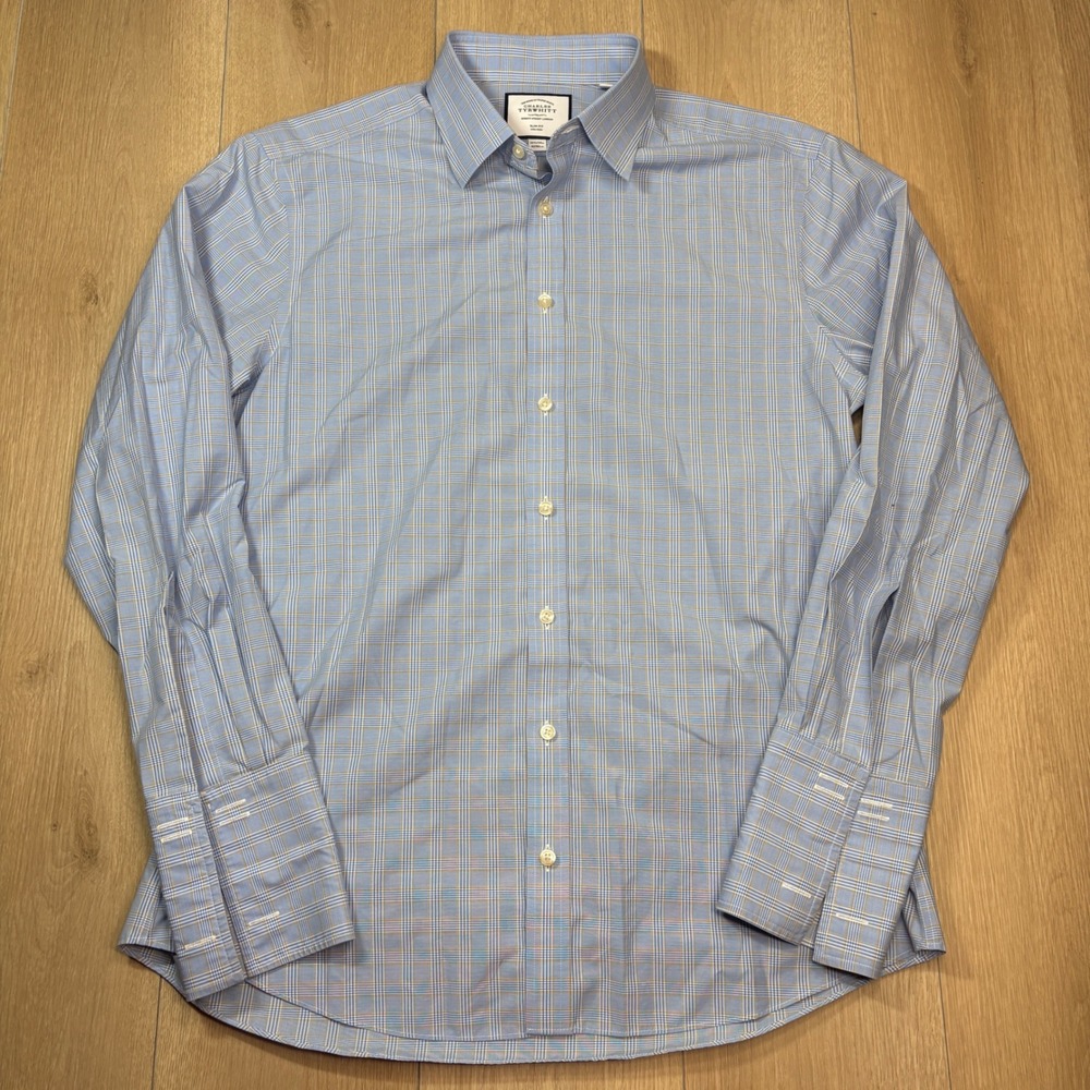 Charles Tyrwhitt 16.5 34 Slim Fit Non-Iron French Cuff Dress Shirt Blue Check